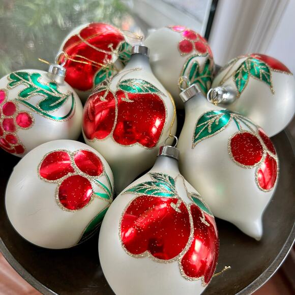 Vintage Blown Glass Ball Ornaments with Glittered Fruit Design - Set of 8 - Picture 11 of 13